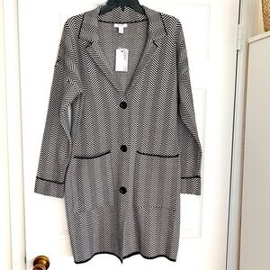 NINE WEST Black White Zig Zag Pattern Longline Cardigan Jacket Small NEW
